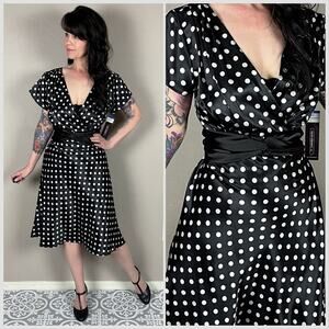 Vintage Y2K Black and White Polka Dot Tie Back Short Sleeve Satin Dress